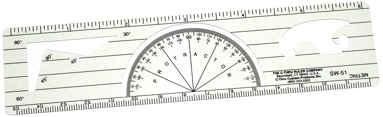 C-Thru Protractor Ruler, 1.5" X 6" With Triangle And French Curve Cut Outs